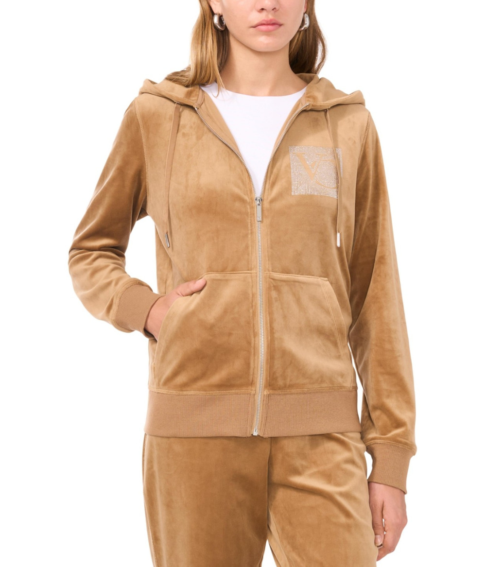 Vince Camuto Women Velour Rhinestone Logo Hoodie Camel Size XS